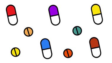 İlaçları, ilaç kaynaklarını veya uyuşturucuya bağlı tıbbi unsurları tasvir etmek için kullanılan çok renkli kapsül ve tablet simgelerinin yayılması.