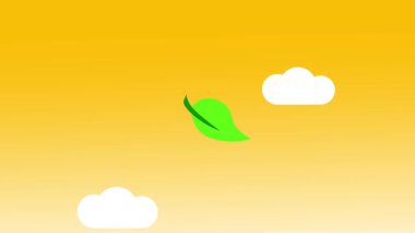 Yeşil bir yaprak turuncu bir gökyüzünde yavaşça süzülür. Bulutlar, barışı, doğayı ve aydınlığı simgeler..