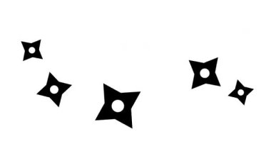 Shuriken veya ninja fırlatma yıldızları, çevikliği, gizliliği ve geleneksel dövüş sanatları silahlarını simgeleyen desenler halinde dağılmış durumdalar..