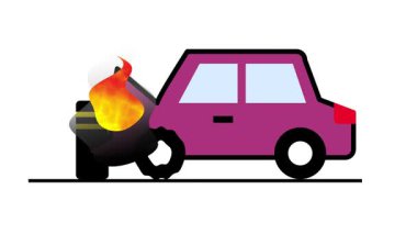 Pembe bir araba motordan dolayı yanıyor, bu da ciddi bir araç arızası ya da araba kullanırken beklenmedik bir mekanik arızayı temsil ediyor..