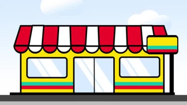 Çizgili bir çatı altında, perakende satış, ticaret ve girişimci kimliğini sembolize eden karikatür tarzı bir dükkan..