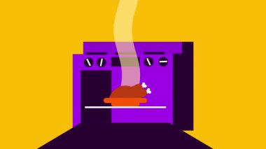 Bir fırın, her yerdeki mutfaklarda kullanılan pişirme, kızartma ve termal pişirme yöntemlerini sembolize ederek, artan sıcaklıkta bir yemek pişirir..