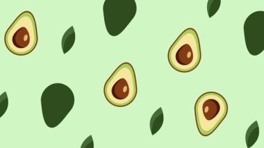 Avokado şekilleri ve yeşil tohumumsu desenlerin bir karışımı pastel yeşil arkaplan boyunca dağılmış, dokulu organik bir tasarım yaratıyor..