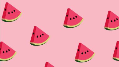 Çoklu karpuz üçgeni dilimleri pembe arka planda süzülür, hafif ve eğlenceli meyvemsi bir titreşim sunar.