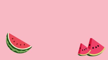 Büyük bir dilim ve pembe üzerine küçük karpuz parçaları bu sahneyi temiz, odaklanmış ve meyvemsi renkle görsel olarak patlatır..