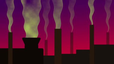 Siluetli bir sanayi silueti canlı mor ve kırmızı bir gökyüzüne karşı duruyor, duman yığınları sarı renkli duman yayıyor, çevresel kirliliği vurguluyor.