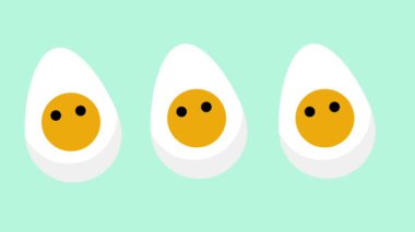 Üç gülümseyen yumurta, arkaplanda dostane yüzler, neşe saçan ve şakacı bir sadelik..