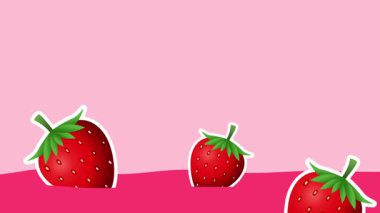 Çilekler pembe bir yamaçtan kayıyor gibi görünüyor, dinamik bir hareket ve hafif meyvemsi bir arka plana karşı neşeli bir his veriyor.