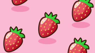 Çizgi filmlerdeki çilekler pastel pembe arka planda eşit olarak düzenlenmiştir. Temiz ve modern bir görünüme sahip canlı tekrarlanan bir desen oluştururlar..