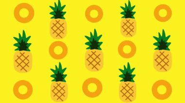 Halkaları ve parlak sarı arkaplanı olan yapılandırılmış bir şebekeye yerleştirilmiş birden fazla ananas eğlenceli ve eğlenceli bir tropikal parti havası veriyor..