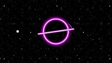 Parlak pembe bir olay ufku uzayda bir kara deliğin etrafını sarar, muazzam bir çekim gücü ve gerçeküstü çarpıklık gösterir.