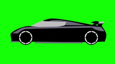 Gösterişli, fütüristik siyah bir araba, görsel efektlerde veya animasyon projelerinde krom anahtar kullanımına hazır canlı yeşil ekran arka planında izole edilir..