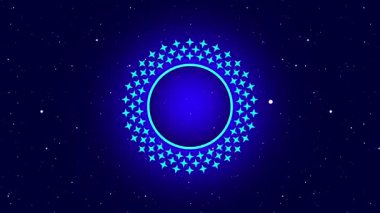 Parlayan mavi kürelerden oluşan yıldız çekirdeğinin ışıl ışıl dijital temalı tasviri uzayda küre benzeri bir takım yıldız deseninde düzenlenmiştir..