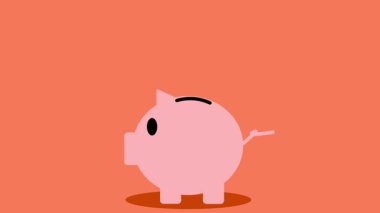 Pembe bir domuz sıcak turuncu arka planda sakince yürür. Şirin bir animasyonda finansal sağlığı ve tasarrufu temsil eder..