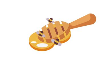 Arılar bal sızdıran ahşap bir kepçenin üzerinde uçar, bu animasyonlu yemek temalı görsel arka planda tatlılık ve doğal cazibe uyandırır.