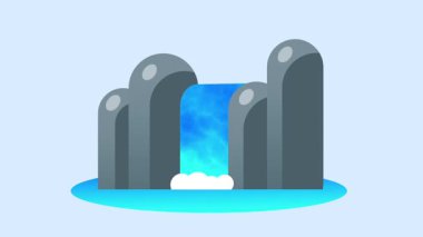 Sakin mavi bir şelale, üç pürüzsüz taş sütun arasında akar. Huzurlu doğayla çevrili ve aşağıda yumuşak bir yansıtıcı havuz vardır.