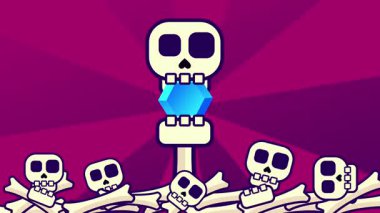 Bir kafatası muzaffer bir şekilde diğer kafataslarından yapılmış dikey bir kule üzerinde duruyor, egemenliği, hiyerarşiyi ve tuhaf animasyon mizahını simgeliyor.