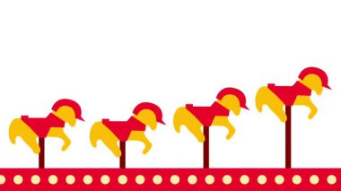 Dört parlak atlı karınca çerçevenin üzerinde süzülerek karnaval heyecanının ritmini senkronize hareket ve renkli stille genişletiyor.