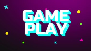 GAME Play 'metni renkli parçacık efektleri ve UI geçişleri ve oyun tanıtımları için biçimlendirilmiş mor bir arkaplan ile parlar