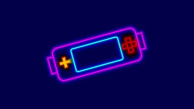 Eski oyunları sembolize eden bir el bilgisayarı oyun konsolunun neon çizgisi ve canlı bir joystick tasarımı ile dijital eğlence.