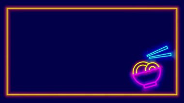 Geniş, parlak neon bir çerçeve, yemek reklamları, afişler veya dijital mutfak grafikleri için ideal yemek çubuklarıyla bir kase erişteyi çevrelemektedir.