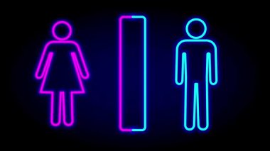 Halka açık alanlarda veya tesislerde sıklıkla dijital olarak görülen, erkek ve kadın cinsiyet sembollerini temsil eden parlayan neon bir çift tuvalet işareti.