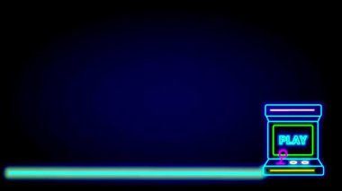 Bir platform hattının yanında duran neon atari makinesi, yaratıcı düzen için minimalist dijital manzara ile klasik oyun donanımını birleştiriyor