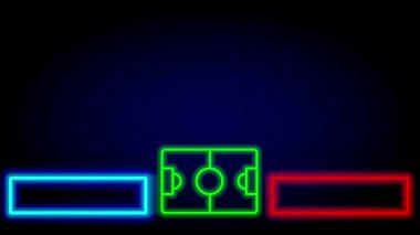 Karşıt mavi ve kırmızı panelleri olan parlak bir neon skorbord kurulumu bir oyun arayüzüne benzer, rekabet ve eğlence temalarını ateşler