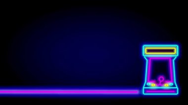 Bir atari makinesinin neon yan görünümü, canlı modern tasarımda oyunu ve beklentiyi sembolize ederek ufuk çizgisine uzanır.