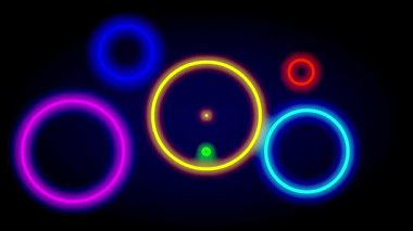 Neon renkli dairelerin canlı bir düzeni, görsel veya eğlence sanatlarındaki dinamik yaratıcılığı sembolize ederek çeşitliliği ve enerjiyi temsil eder.