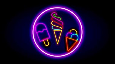 Parlayan bir çemberin içinde üç tane neon kaplı dondurma külahı parıldayan yaz titreşimleri, eğlence ve canlı bir animasyon biçiminde tatlı bir hoşgörü..