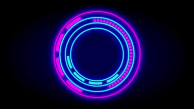 Pembe ve mavi renkli dairesel neon arayüz tasarımı stilize edilmiş dijital kullanıcı deneyimi efekti içerisindeki fütüristik HUD elementlerini temsil eder..