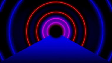 Parlak dairesel bir çekirdeğe doğru giden, dijital veya oyun benzeri bir ortamda hız ve ilerlemeyi anımsatan gelecekçi bir neon yol.