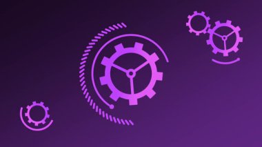 Çoklu mor dişliler karanlık bir arkaplan üzerinde döner, mekanik temaları çağrıştırır, otomasyon süreci ve endüstriyel yenilik