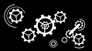 Siyah bir tuval üzerinde parlayan beyaz dişliler ağı büyümeyi, karmaşıklığı ve teknolojik sinerjiyi görselleştirir.