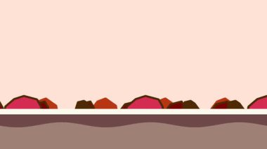 Koyu kumlu arazi ve yumuşak gökyüzü üzerinde stilize kırmızı tepeler ve dağınık kayalar ile basit bir çöl manzarası.