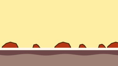 Küçük kahverengi tepeleri ve yumuşak sarı gökyüzü ile sıcak bir çöl manzarası, asgari tasarım elementleriyle kuru ve kurak bir havayı çağrıştırıyor.