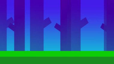 Mavi ve mor tonlarında gizemli bir orman dikey stilize ağaç siluetleri ile serin tonlu bir ortam sunuyor.