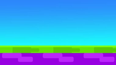 Canlı mavi-mor gradyan gökyüzü ve elektrik zemin desenli, geçmişe dönük oyun tasarımı için mükemmel, neon ışıklı stilize bir manzara.