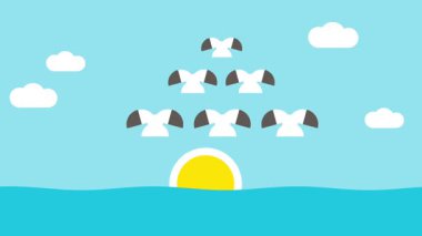 Güneşin doğuşuyla birlikte bulutlu bir gökyüzünde uçuşan sayısız kuş, sakin bir sabah manzarası olan özgürlük ve huzur içinde altın bir parıltı saçıyor.