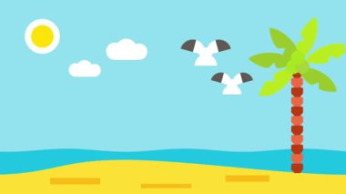 Güneşli bir adanın üzerinden uçan bir kuş sürüsü. Deniz kenarında bir palmiye ağacı, bulutlar ve parlak mavi gökyüzünün altında okyanus dalgalarıyla çevrili.