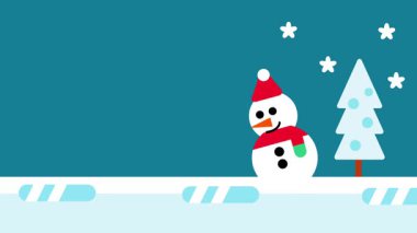 Kırmızı şapkalı mutlu bir kardan adam kar manzarasının ve çam ağacının tadını çıkarıyor. Kar taneleri bu şenlikli kış resimlerinde düşerken.