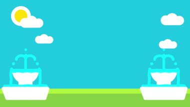 Güneşin altında iki çeşme yan yana durur, en az gölgelerle, ferahlık ve denge yayar sakin bir açık alan ortamında.