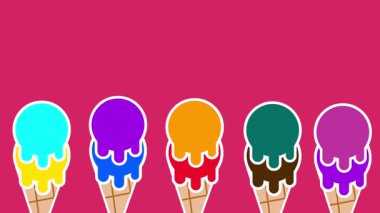 Koniler içinde beş kepçe erimiş gökkuşağı dondurması canlı pembe bir arka plana karşı düzgünce dizilmiş, eğlenceli bir yaz havası yaratıyor.