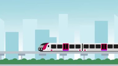 Kırmızı çizgili bir tren, temiz bir ulaşım illüstrasyonunda hareket ve altyapıyı harmanlayan yumuşak bir şehrin siluet arkaplanından geçer.