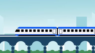 Mavi, yüksek hızlı bir tren beyaz kemerli bir köprüden sürekli hareket ve hassasiyetle geçer. Mühendislik ve seyahat zarafetiyle harmanlanır.