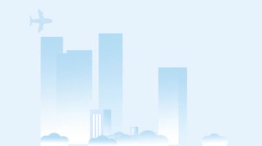 Fütürist bir şehir gökyüzünün altında mavi ışıkla yıkanmış, modern gökdelenler ve uzakta uçan bir uçak sergileniyor.