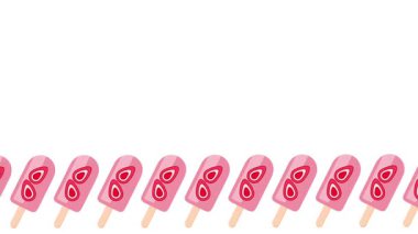 Beyaz bir arkaplanda sıra sıra dizilmiş çilekli dondurmalar denge ve berraklıkla eğlenceli ve lezzetli bir donmuş ikram tasarımı sunuyor.