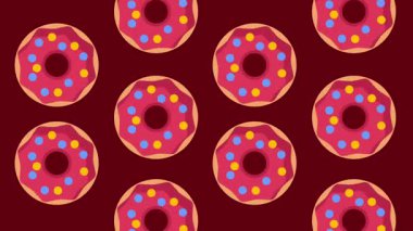 Koyu kırmızı arka planda serpiştirilmiş pembe şekerli donutların kusursuz deseni neşeli ve canlı bir tatlı dokusu tasarımı oluşturur..