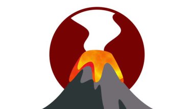 Batan güneşe karşı parlayan turuncu bir patlama bu volkanik manzara görünümünde dramatik bir ateş ve sükunet karşıtlığı yaratır.